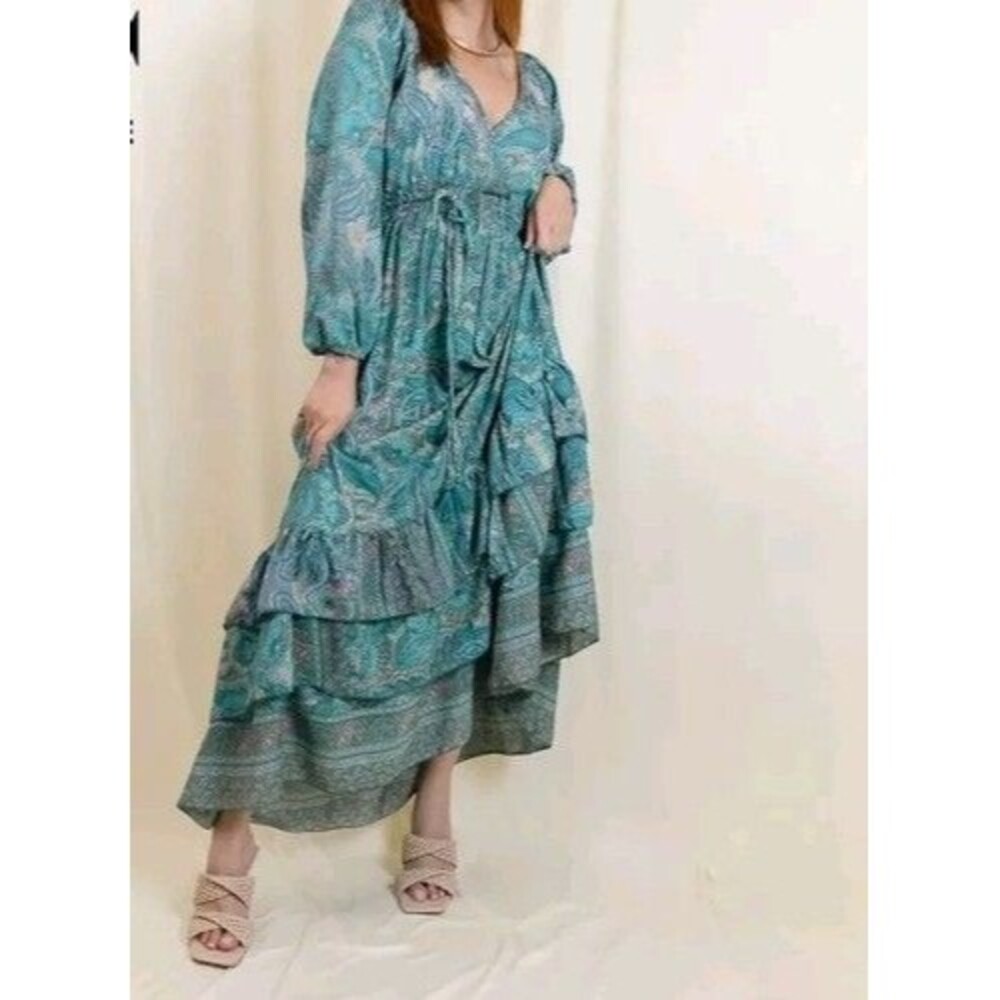 Boemo Maxi LONG PEASANT DRESS V-Neck Elastc Waist Ruffle Long Sleeves Small Boho